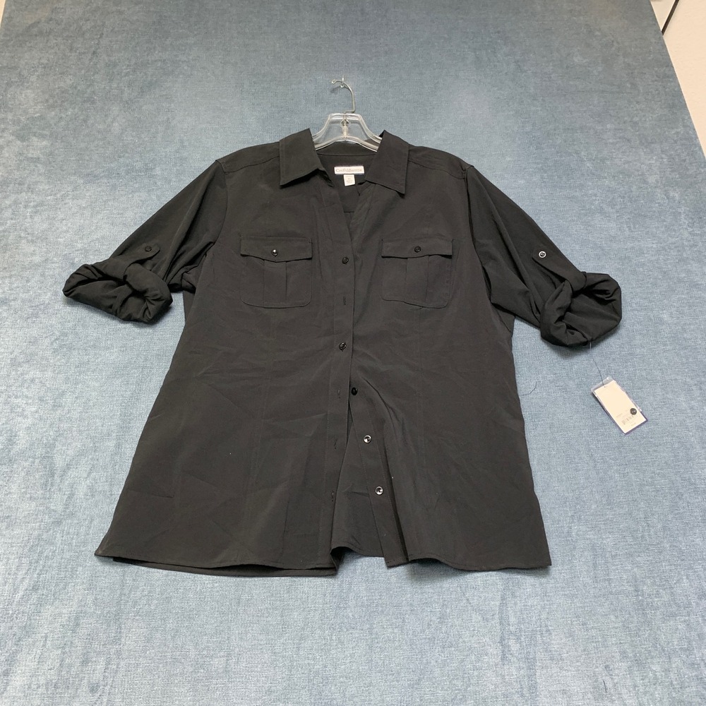 Croft & Barrow Shirt Womens XL Black Stretch Roll Tab Sleeves Snap Button Pocket